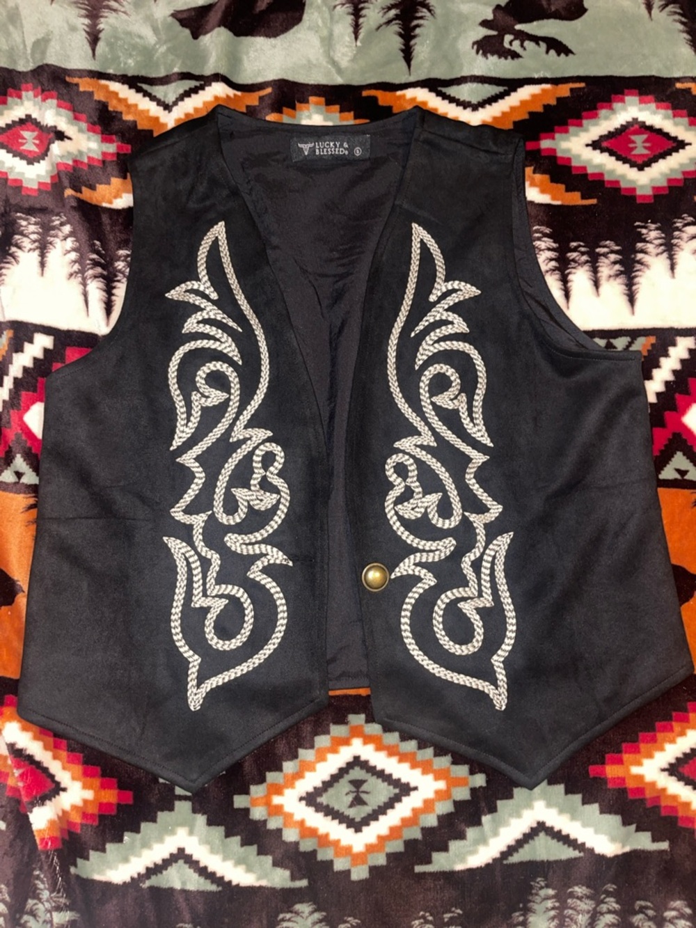 Lucky & Blessed Black Vest with Cream Embroidery